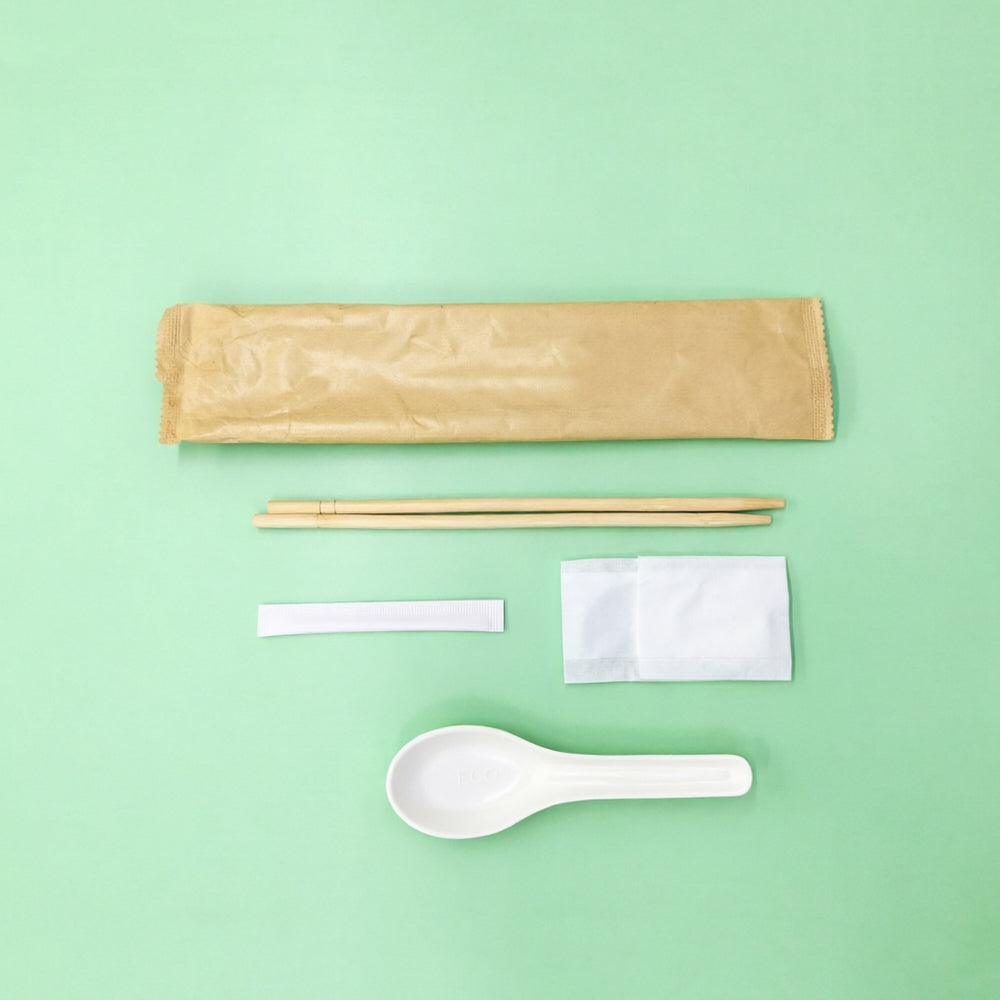 Paper sleeve, single chopstick, Chinese soup spoon, napkin, toothpick
