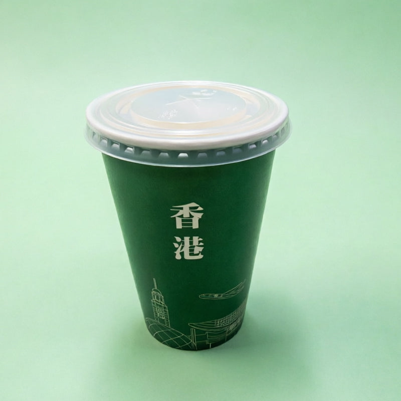 綠底白線圖案紙杯+蓋 12oz