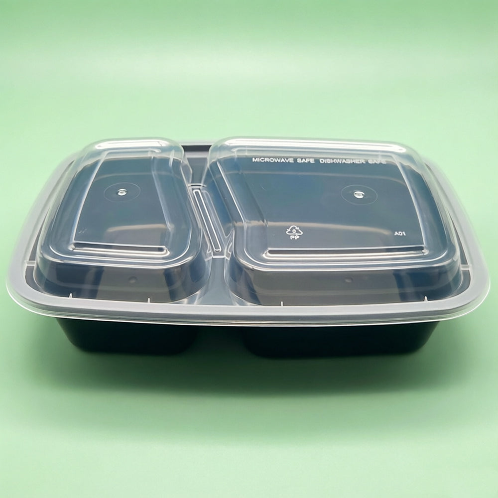 PP Two-Compartment Black Container with Lid, 32oz